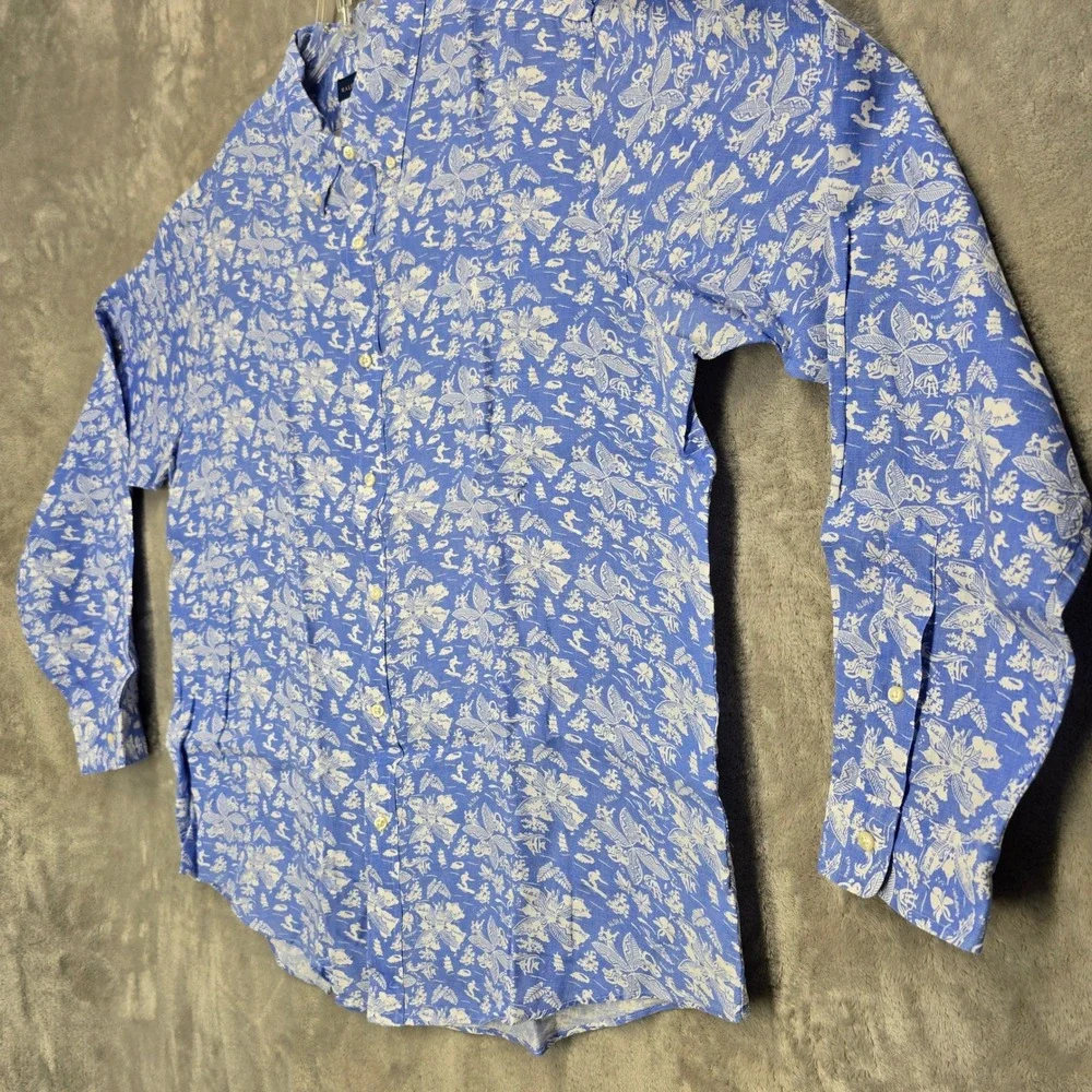 Ralph Lauren Button Down Shirt Mens XXL Blue White Linen Hawaiian Aloha Classic